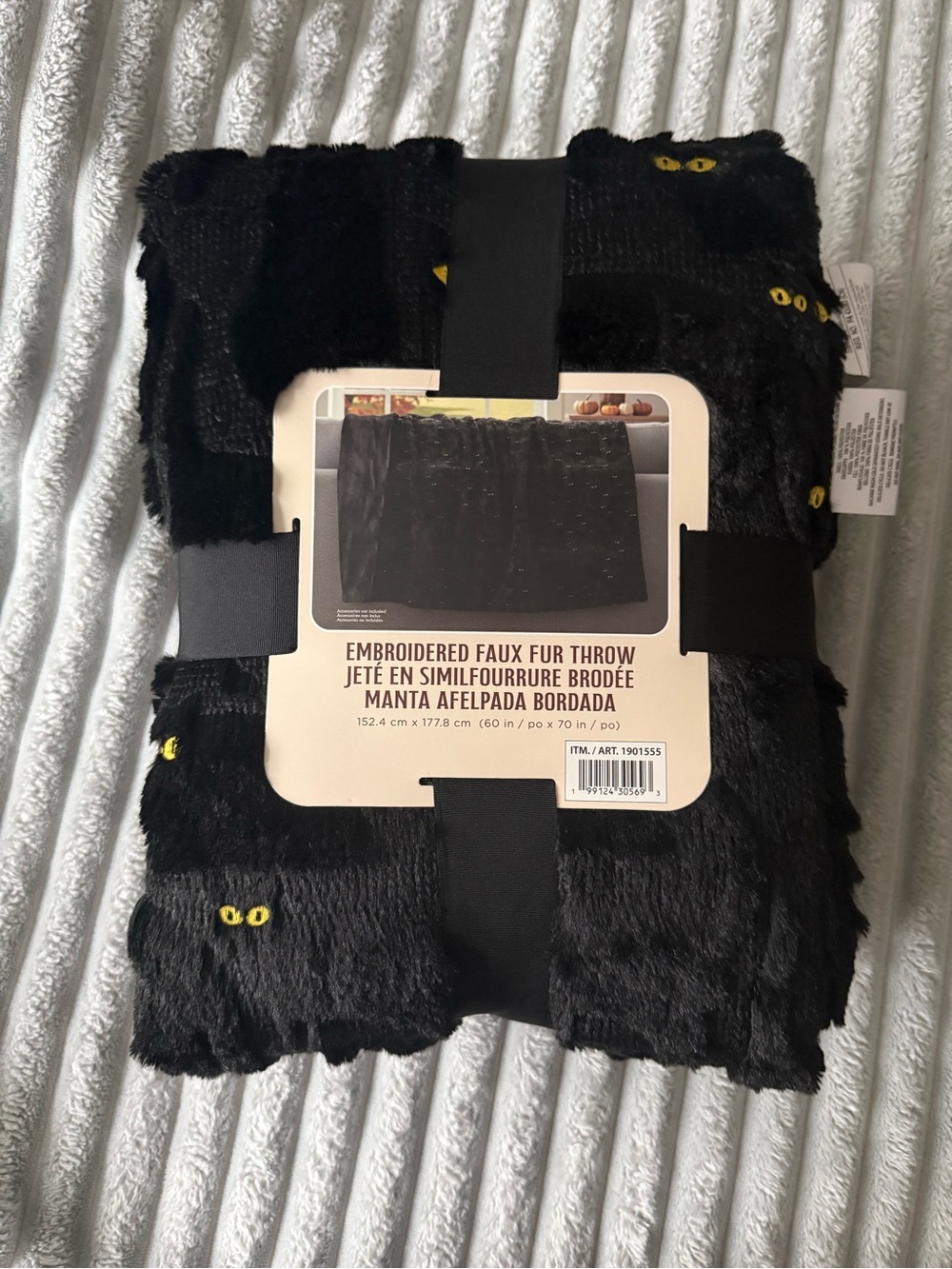Embroidered Faux Fur Throw - Black with Yellow Eyes